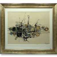 Art Gallery Maastricht - voorzijde van het schilderij Zwarte vormen op gele achtergrond van Claude Georges